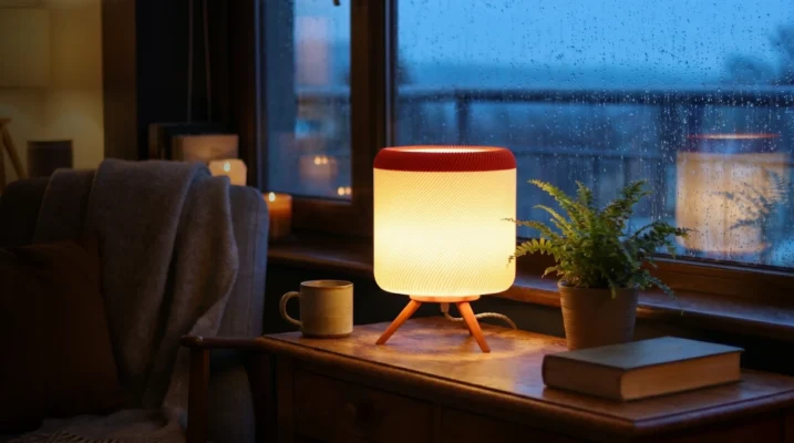 Nora Lamp glowing warm on a side table by a window at dusk
