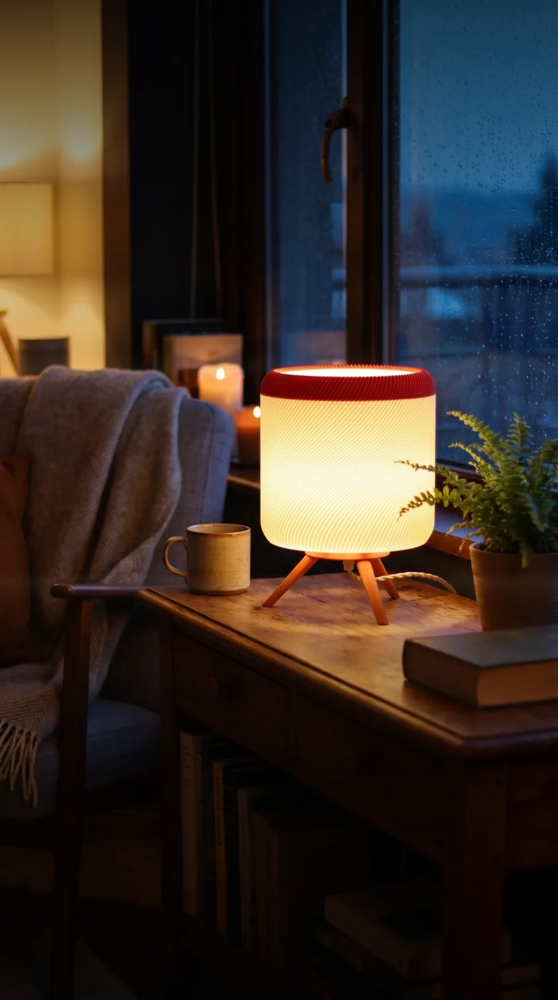 Nora Lamp glowing warm on a side table by a window at dusk